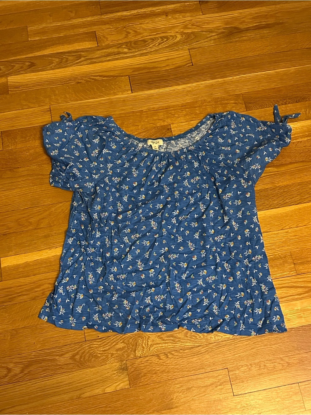 Style & Co Blue Floral Elastic-Neck Blouse